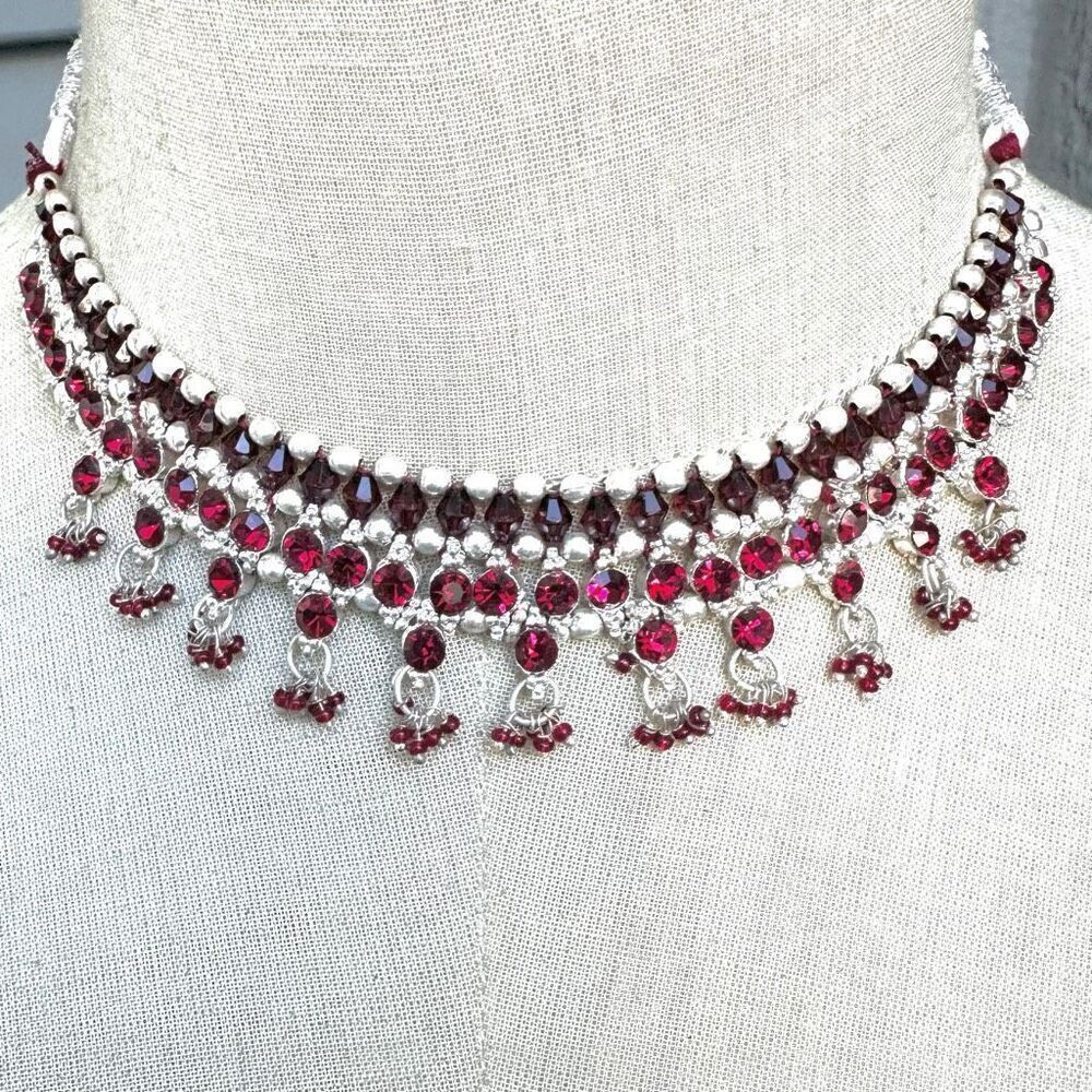 Red rhinestone silver tone ethnic necklace